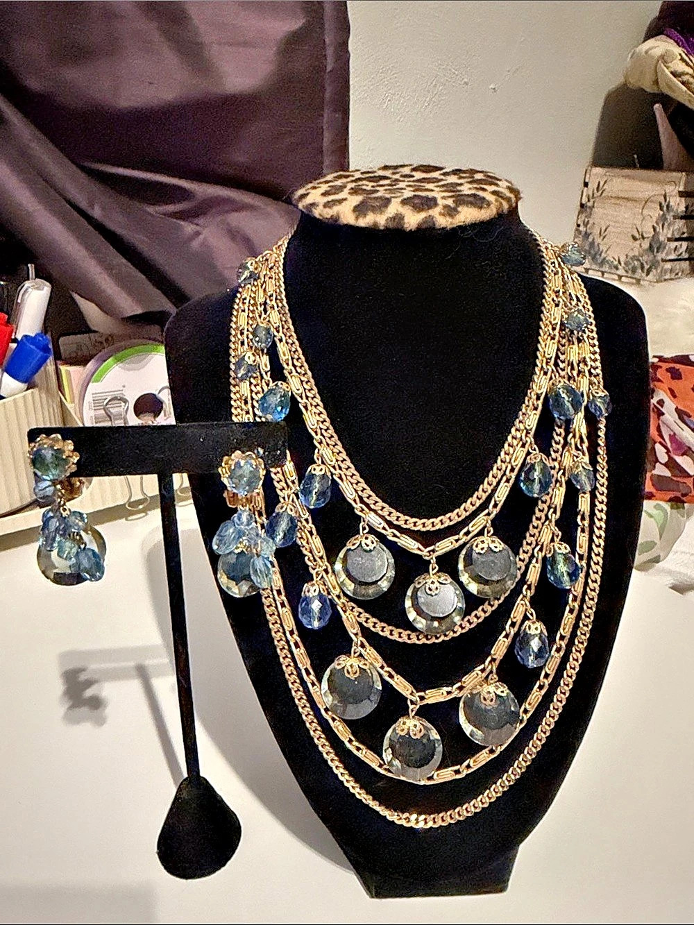 Vintage Layered Statement Necklace in Gold & Blue Glass Beqds and clip ons